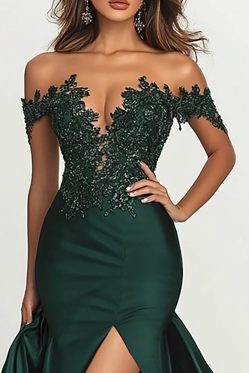 Load image into Gallery viewer, Dark Green Satin Off The Shoulder Maxi Mermaid Prom Dress with Lace