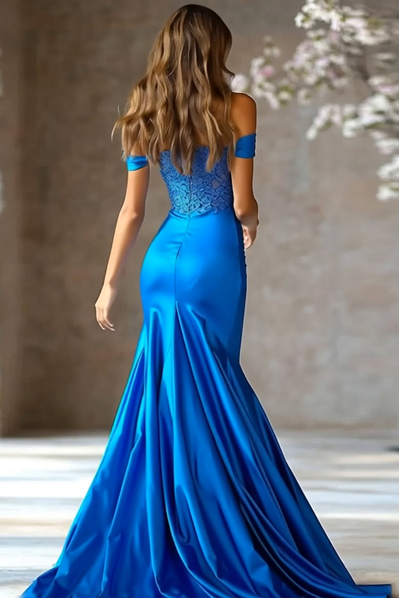 Load image into Gallery viewer, Royal Blue Satin Off The Shoulder Long Mermaid Prom Dress with Lace