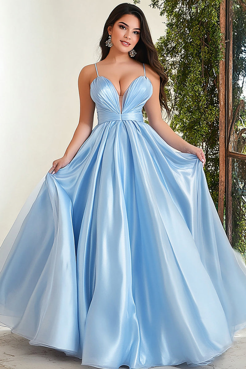 Load image into Gallery viewer, Sparkly Sky Blue Satin Spaghetti Straps Ball Gown Long Prom Dress