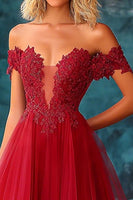 Load image into Gallery viewer, Red Tulle Off The Shoulder Long Ball Gown Prom Dress with Lace