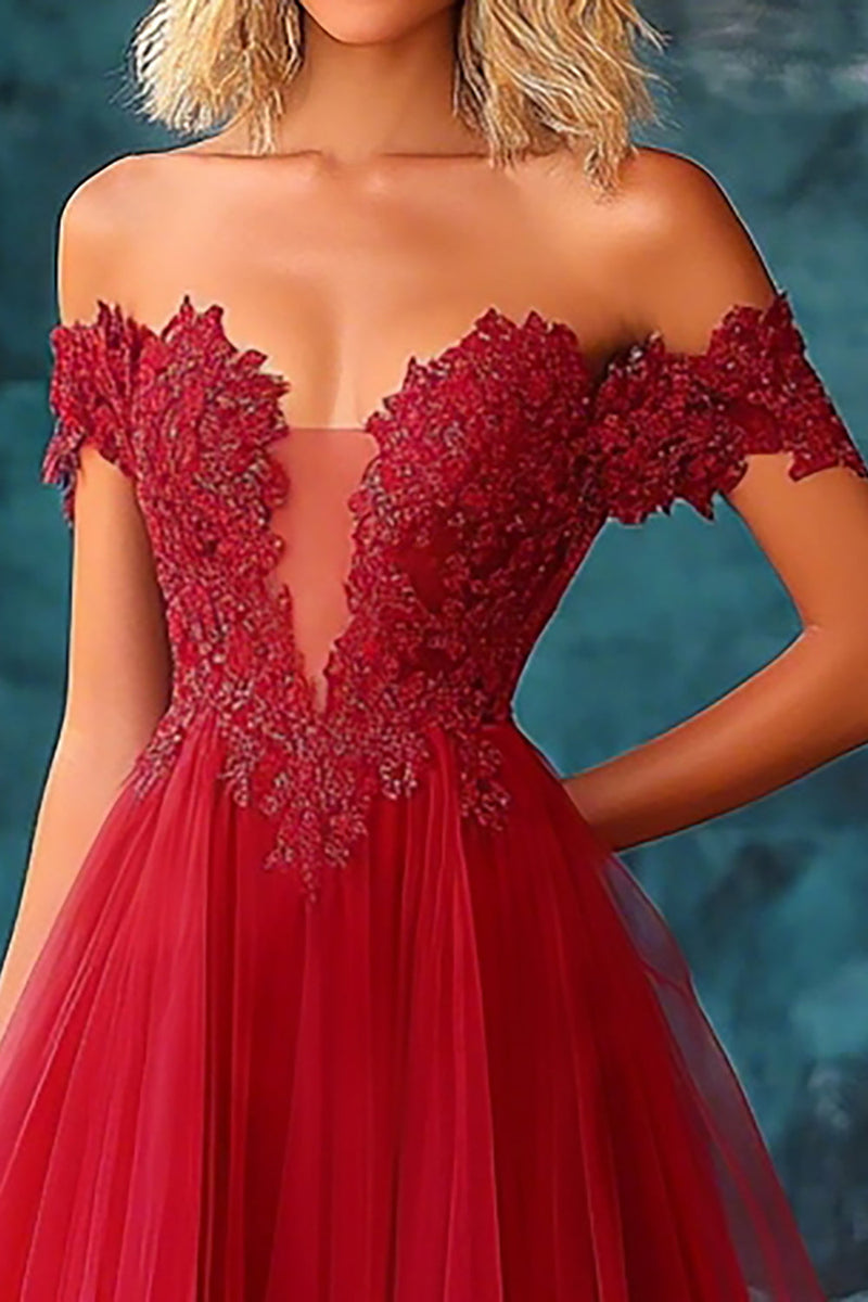 Load image into Gallery viewer, Red Tulle Off The Shoulder Long Ball Gown Prom Dress with Lace