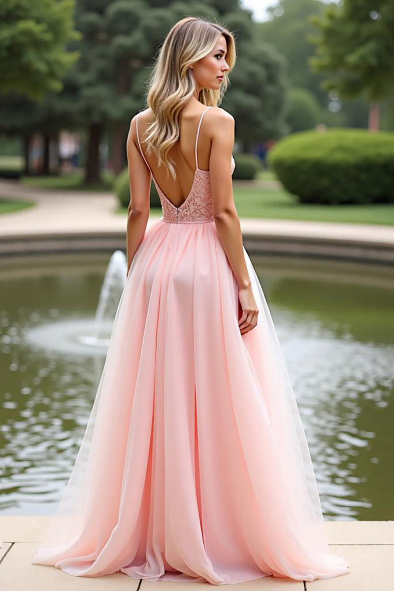 Load image into Gallery viewer, Pink Organza Spaghetti Straps Long A Line Prom Dress with Lace