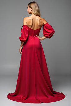 Red Satin Sweetheart Puff Sleeves Long A Line Prom Dress with Slit