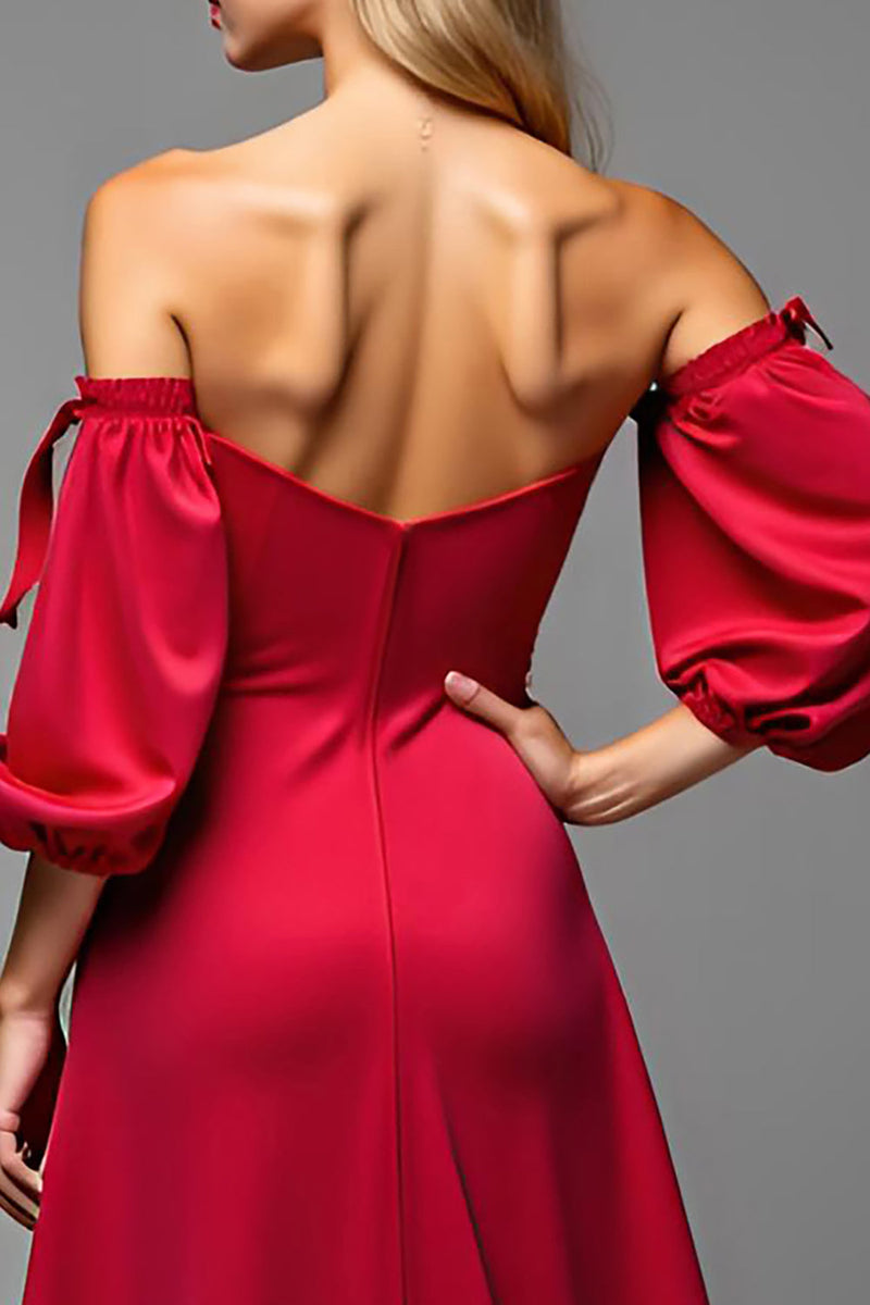 Load image into Gallery viewer, Red Satin Sweetheart Puff Sleeves Long A Line Prom Dress with Slit