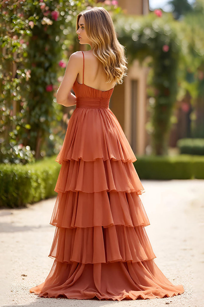Load image into Gallery viewer, Terracotta Spaghetti Straps Long Ball Gown Prom Dress with Ruffles