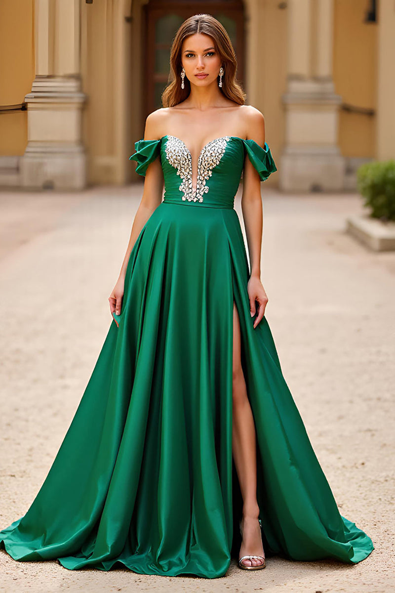 Load image into Gallery viewer, Dark Green Off The Shoulder Long Ball Gown Prom Dress with Ruffles