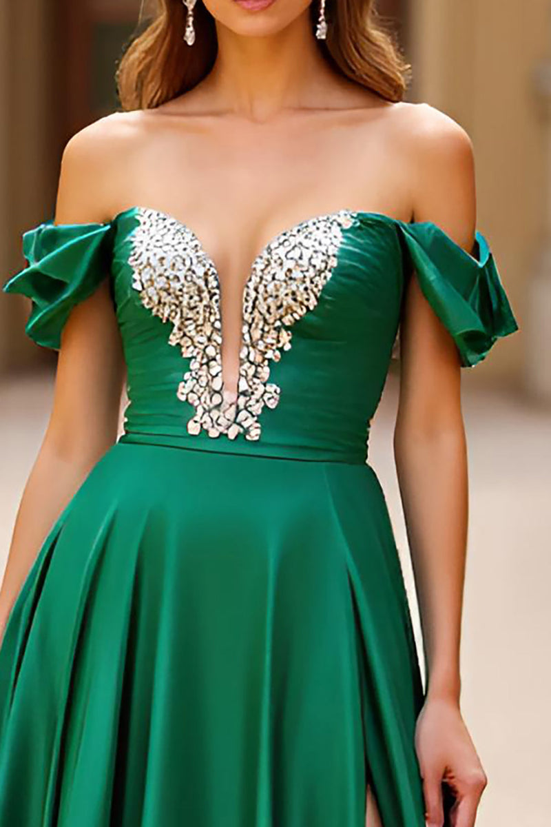 Load image into Gallery viewer, Dark Green Off The Shoulder Long Ball Gown Prom Dress with Ruffles