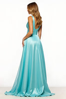 Load image into Gallery viewer, Slate Blue V-Neck Long A Line Prom Dress with Pockets