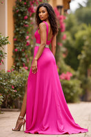 Load image into Gallery viewer, Fuchsia Satin V-Neck Long A Line Prom Dress with Slit