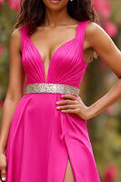 Load image into Gallery viewer, Fuchsia Satin V-Neck Long A Line Prom Dress with Slit