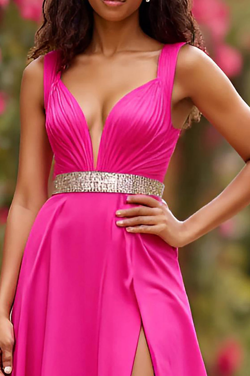 Load image into Gallery viewer, Fuchsia Satin V-Neck Long A Line Prom Dress with Slit