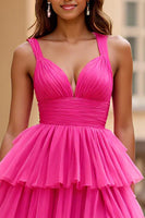 Load image into Gallery viewer, Fuchsia Tulle V-Neck Long Ball Gown Prom Dress with Slit