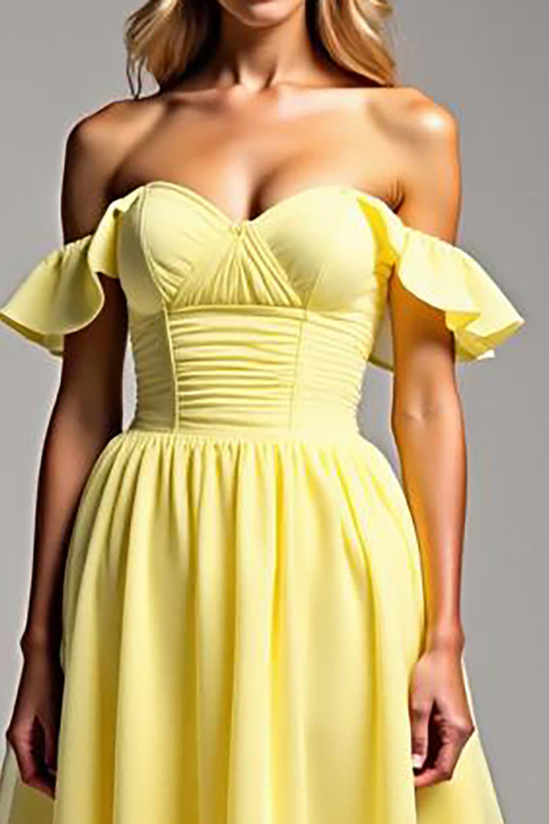Load image into Gallery viewer, Light Yellow Chiffon Long Ball Gown Prom Dress with Ruffles