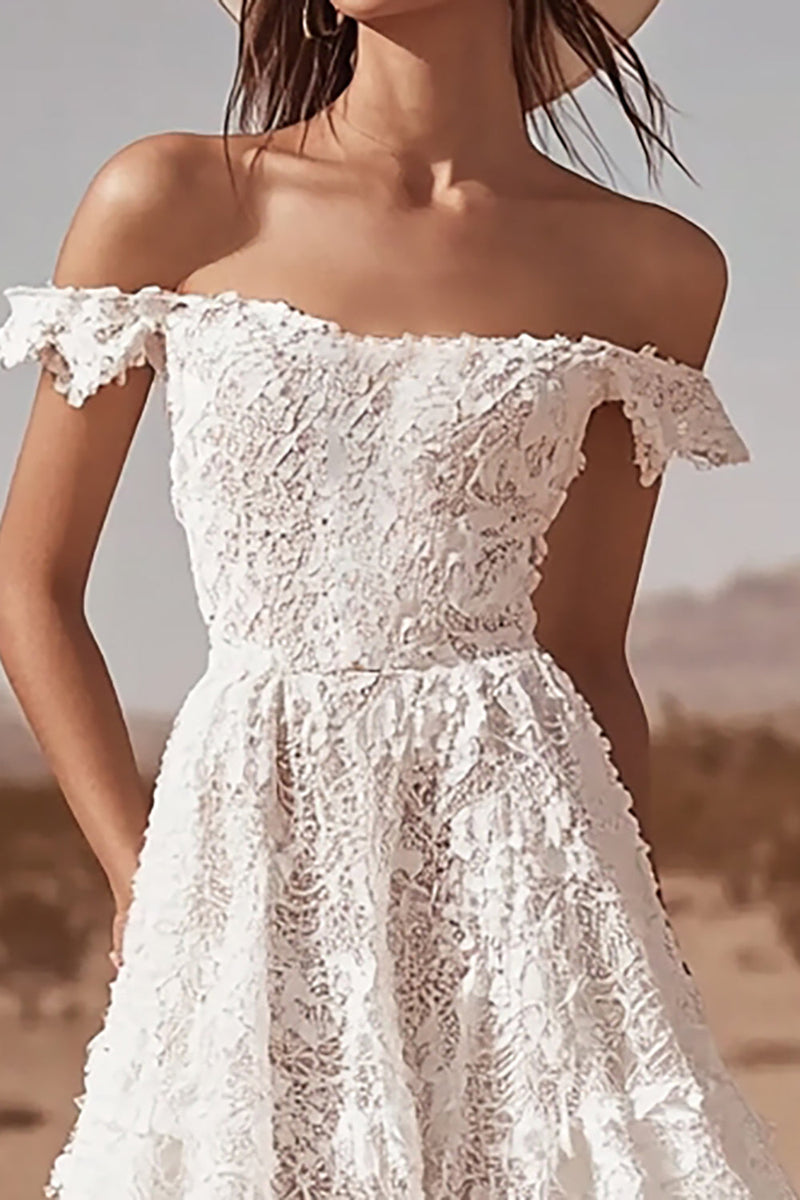 Load image into Gallery viewer, White Off the Shoulder Lace High-Low Boho Maxi Wedding Dress