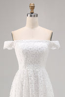 Load image into Gallery viewer, White Off the Shoulder Lace High-Low Boho Maxi Wedding Dress