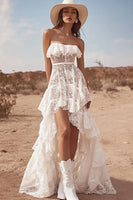 Load image into Gallery viewer, Women White Lace High-Low Boho Maxi Dress with Ruffles Strapless A Line Western Country Wedding Dress