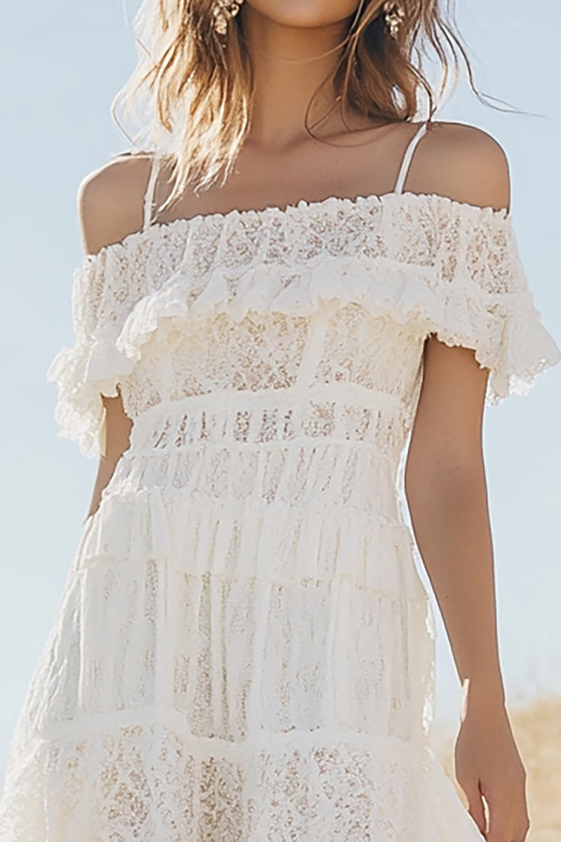 Load image into Gallery viewer, White Lace Cold Shoulder High-Low A Line Boho Graduation Dress