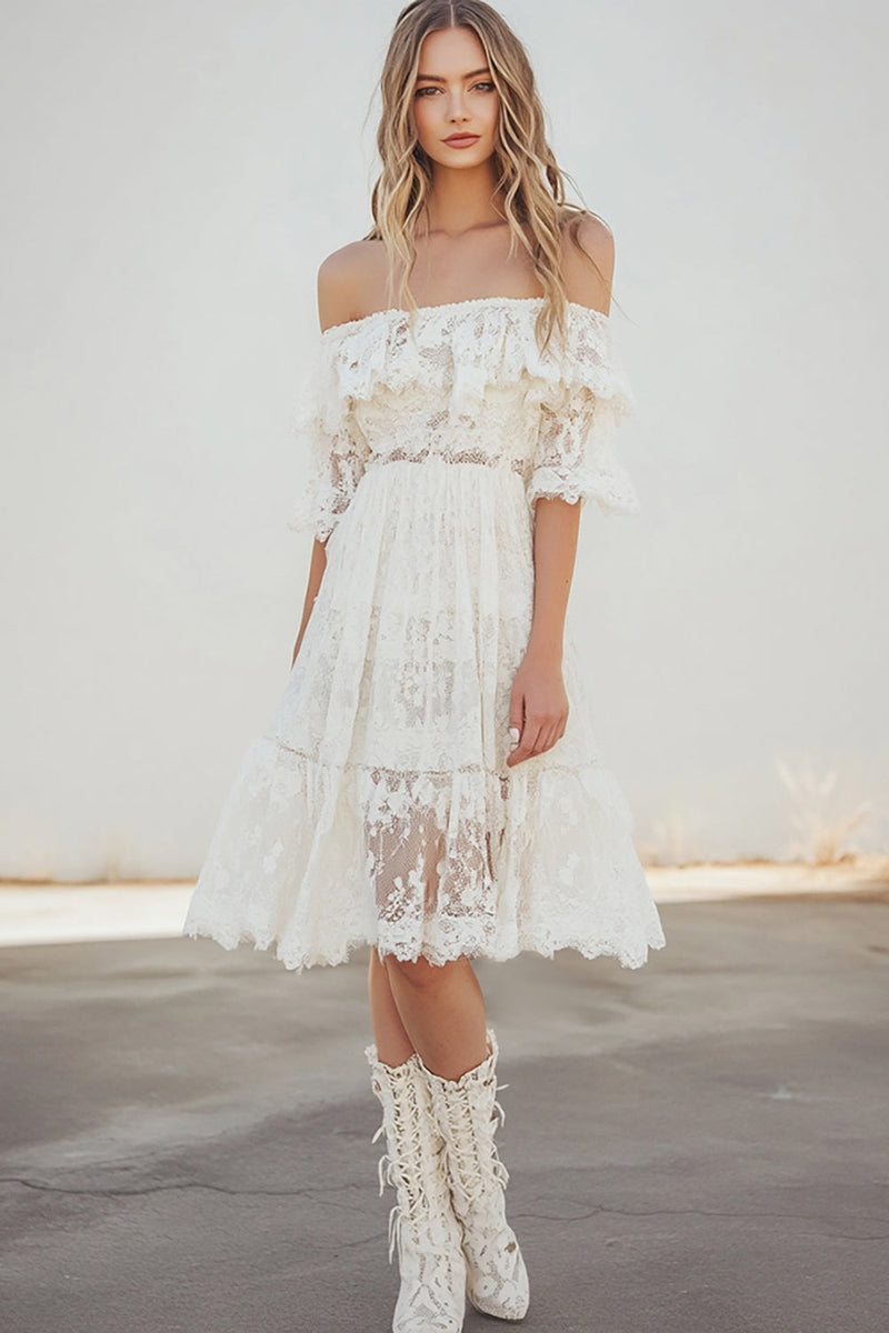 Load image into Gallery viewer, White Knee-Length A Line Boho Graduation Dress with Flare Sleeves