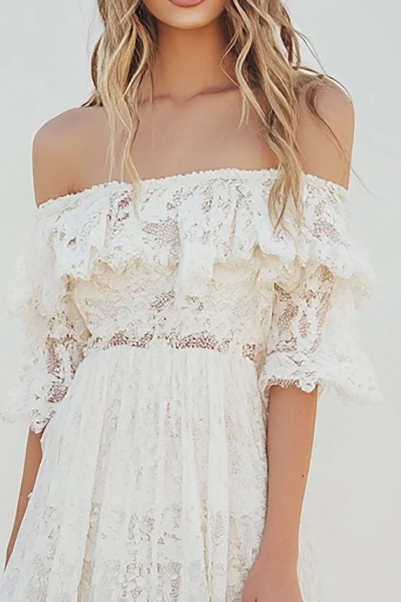 Load image into Gallery viewer, White Knee-Length A Line Boho Graduation Dress with Flare Sleeves