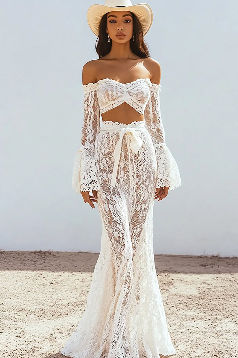 Load image into Gallery viewer, Two Piece White Lace Boho Maxi Dress with Sash