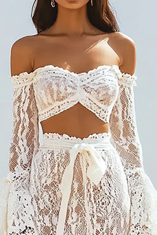 Two Piece White Lace Boho Maxi Dress with Sash