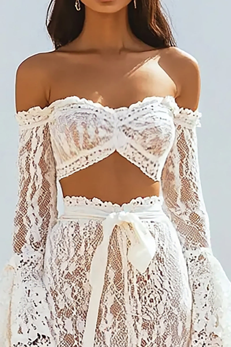 Load image into Gallery viewer, Two Piece White Lace Boho Maxi Dress with Sash