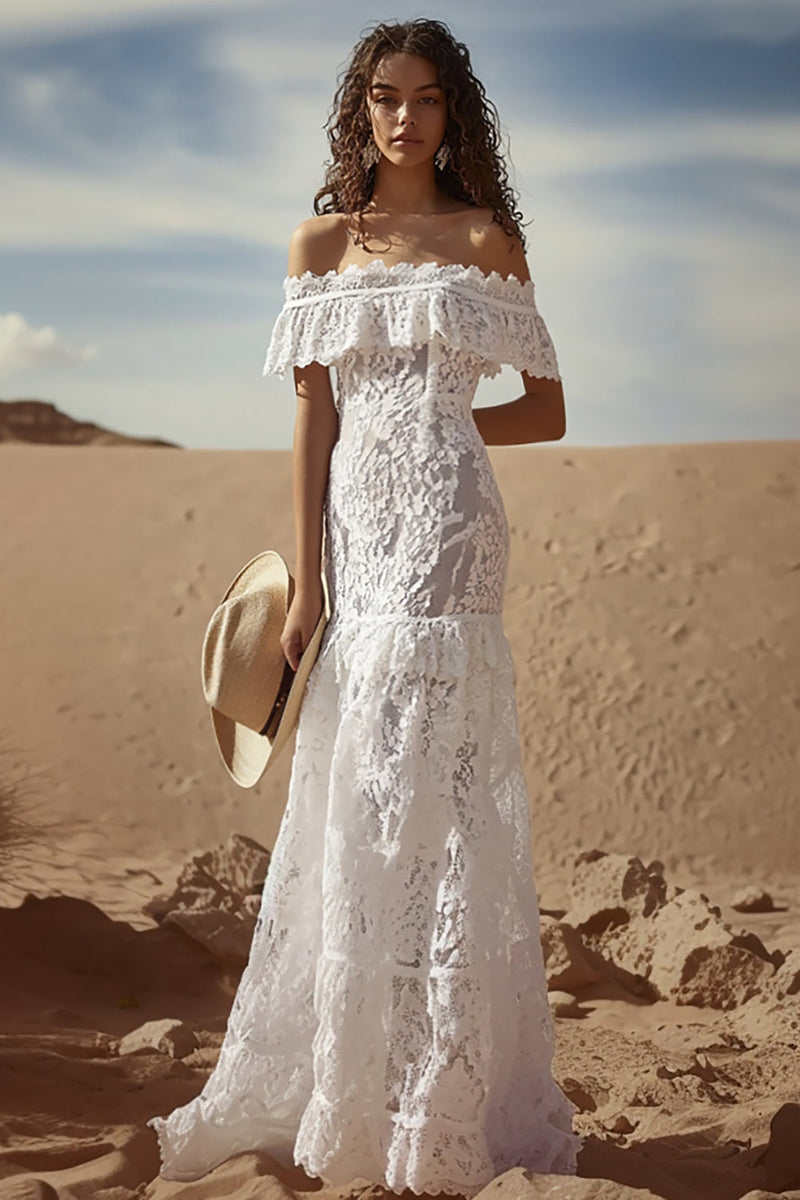 Load image into Gallery viewer, White Lace Off The Shoulder Boho Maxi Dress with Ruffles