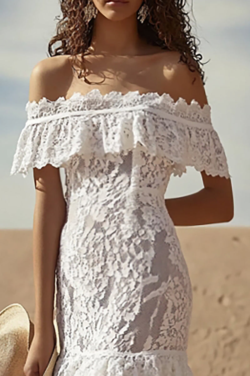 Load image into Gallery viewer, White Lace Off The Shoulder Boho Maxi Dress with Ruffles