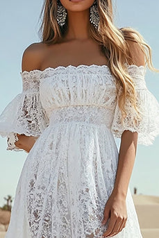 White High-Low A Line Boho Graduation Dress with Pleats