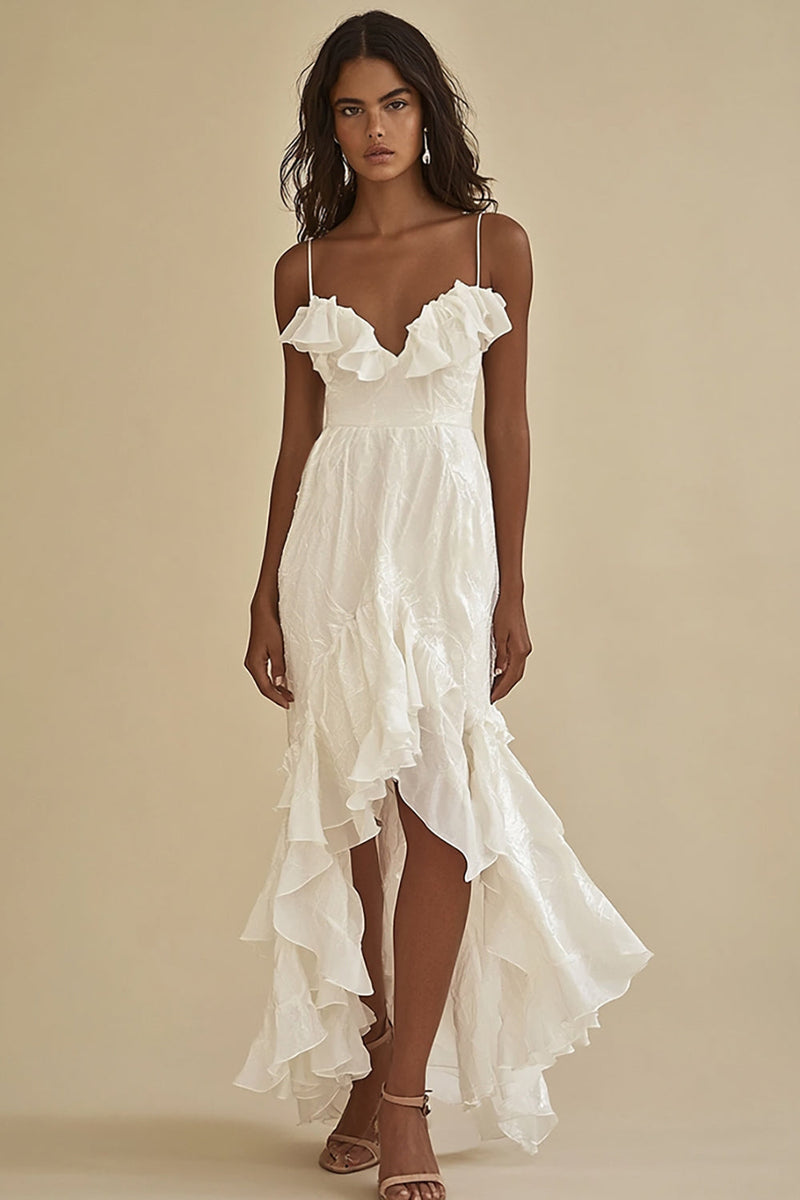 Load image into Gallery viewer, White Chiffon High-Low Mermaid Graduation Dress with Ruffles