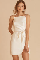 Load image into Gallery viewer, Ivory Satin Spaghetti Straps Short Graduation Dress with Sash