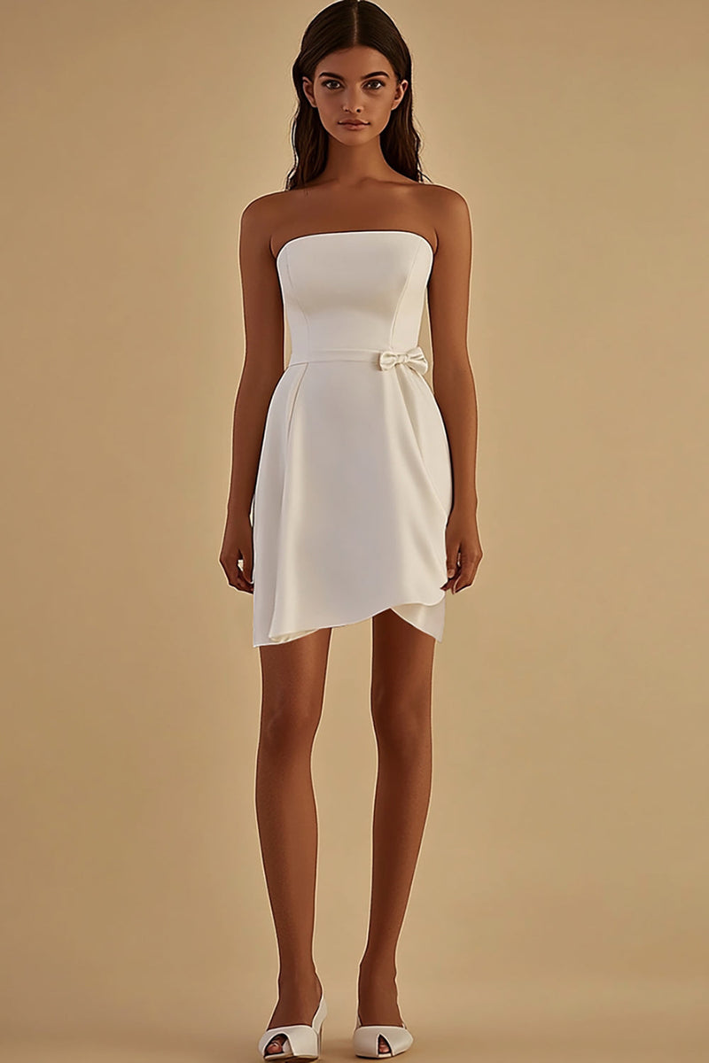 Load image into Gallery viewer, White Satin Strapless Short Graduation Dress with Bow