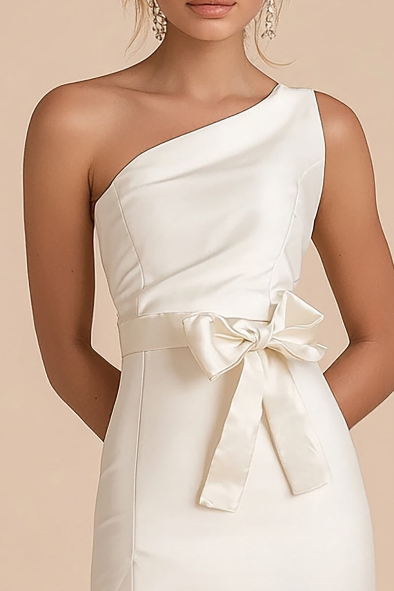 Load image into Gallery viewer, White Satin One Shoulder Short Graduation Dress with Bow