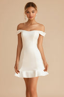 Load image into Gallery viewer, White Satin Off The Shoulder Short A Line Graduation Dress