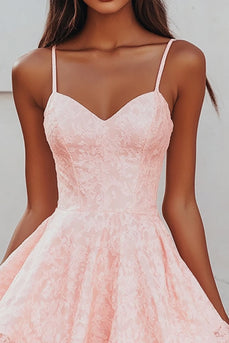 Pink Lace Short Spaghetti Straps A Line Graduation Dress
