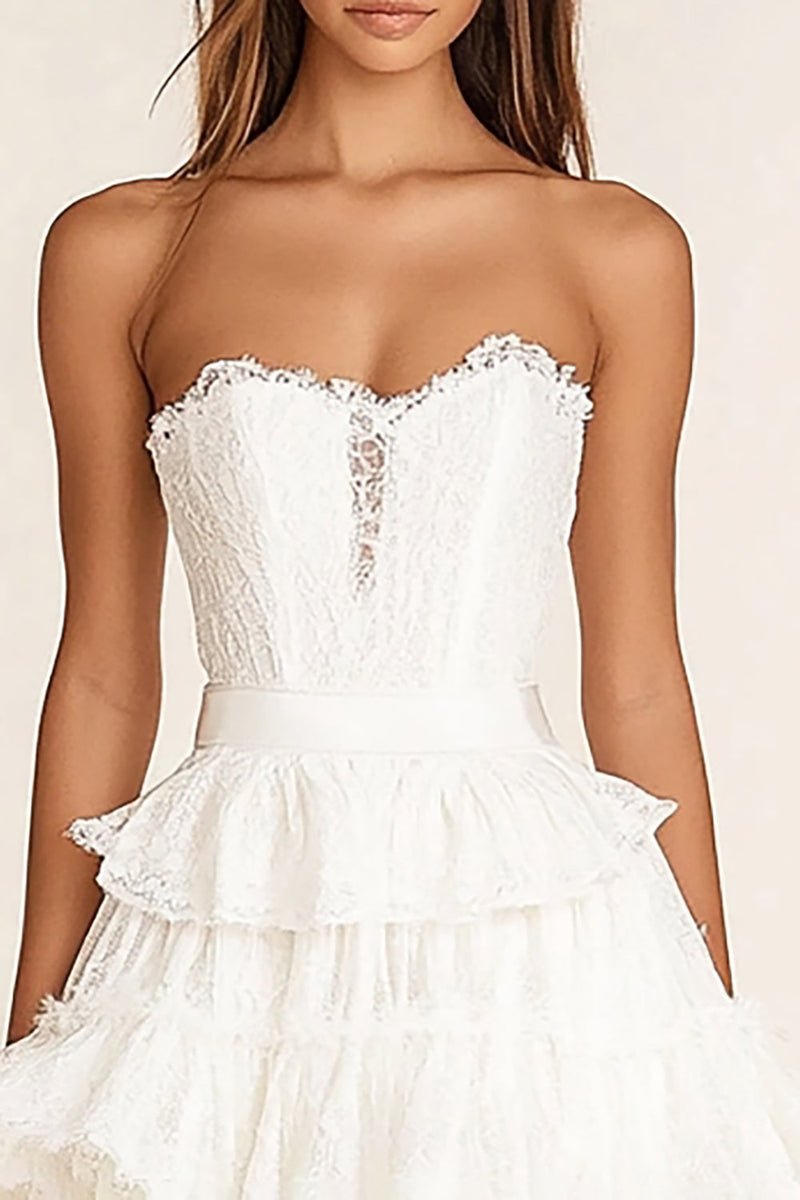 Load image into Gallery viewer, White Lace Sweetheart Short A Line Graduation Dress with Ruffles
