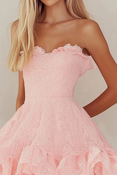 Pink Lace Short Graduation Dress with Ruffles