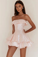 Load image into Gallery viewer, Pink Sequins Strapless Short A Line Graduation Dress