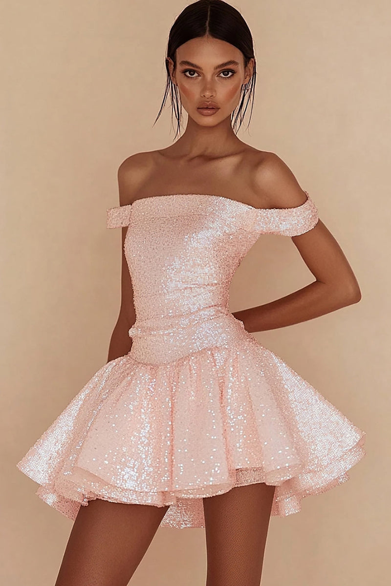 Load image into Gallery viewer, Pink Sequins Short A Line Graduation Dress