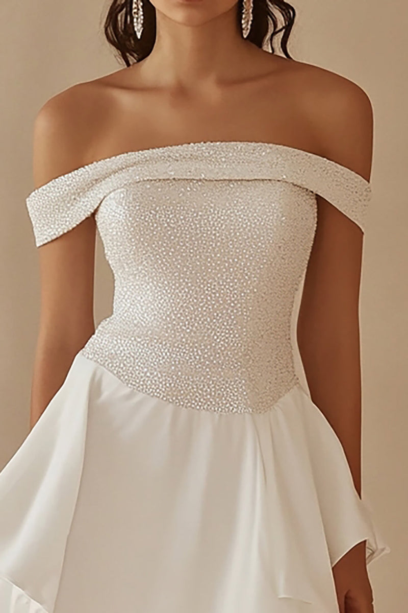 Load image into Gallery viewer, White Chiffon Short A Line Graduation Dress with Sequins