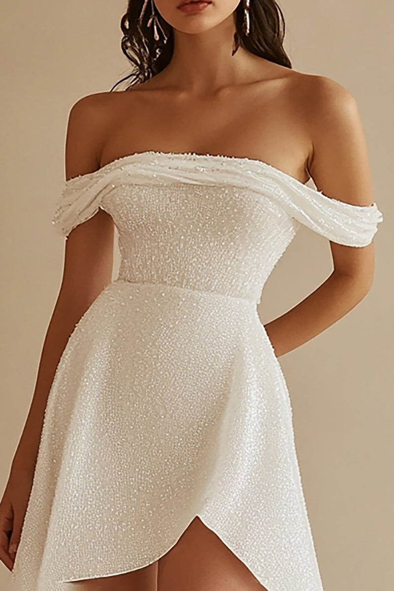 Load image into Gallery viewer, White Sequins Off The Shoulder Short A Line Graduation Dress