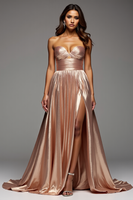 Load image into Gallery viewer, Champagne Metallic A Line Pleated Long Prom Dress with Slit