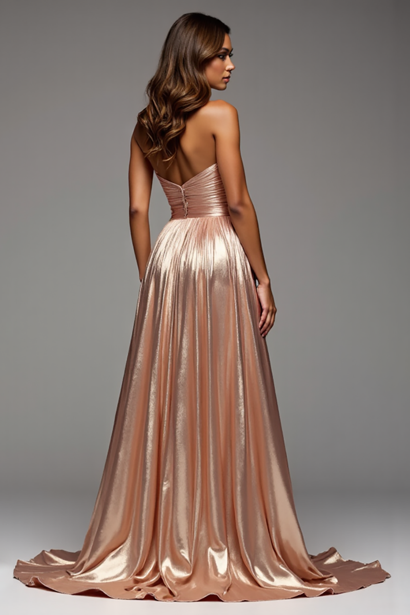 Load image into Gallery viewer, Champagne Metallic A Line Pleated Long Prom Dress with Slit