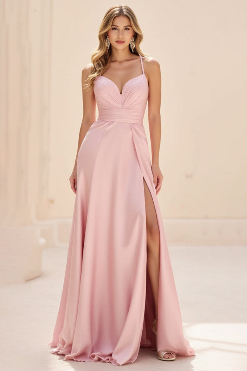 Load image into Gallery viewer, Pink A Line Spaghetti Straps Ruched Long Prom Dress with Slit