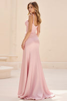 Load image into Gallery viewer, Pink A Line Spaghetti Straps Ruched Long Prom Dress with Slit
