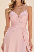 Load image into Gallery viewer, Pink A Line Spaghetti Straps Ruched Long Prom Dress with Slit
