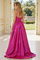 Load image into Gallery viewer, Fuchsia A Line Spaghetti Straps Satin Long Prom Dress with Slit