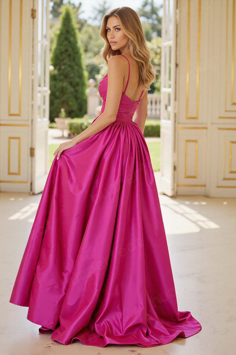 Load image into Gallery viewer, Fuchsia A Line Spaghetti Straps Satin Long Prom Dress with Slit