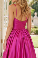 Load image into Gallery viewer, Fuchsia A Line Spaghetti Straps Satin Long Prom Dress with Slit