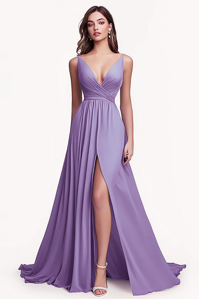 Load image into Gallery viewer, Lilac Ruched Chiffon A Line Long Prom Dress with Slit